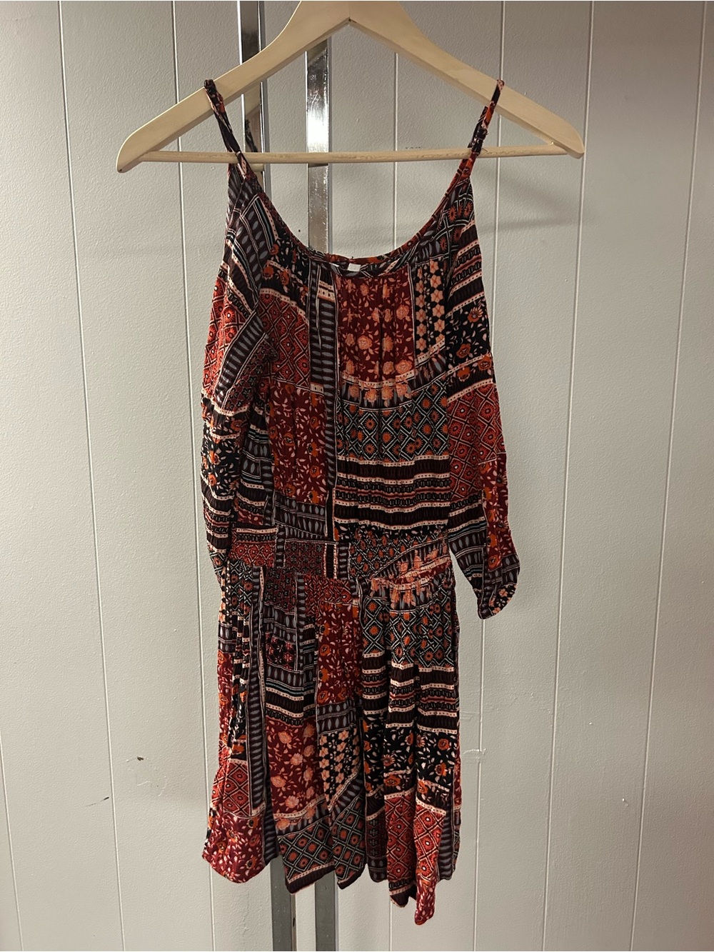 American Eagle Boho Patchwork Red and Black Cold-Shoulder Dress XS